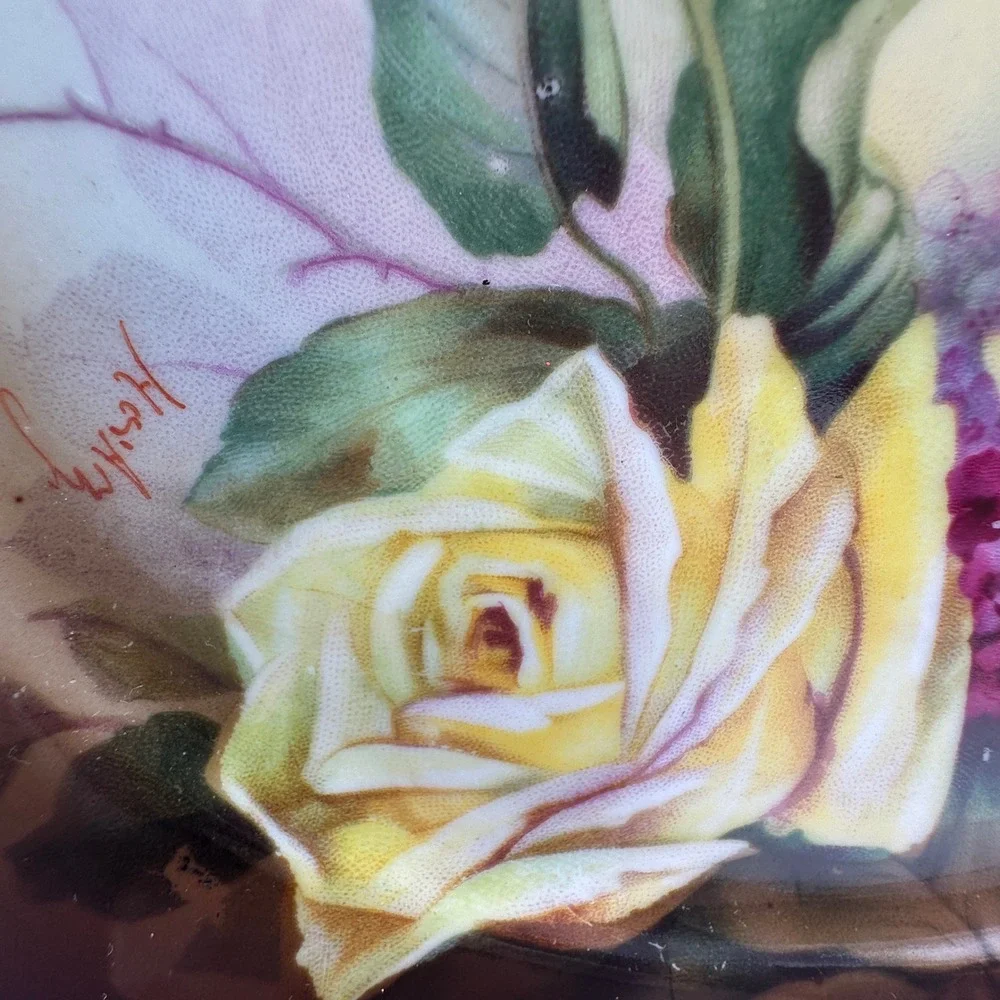 J&C Louise Bavaria Antique Porcelain Cake Plate Yellow Roses Gold Gilt Signed